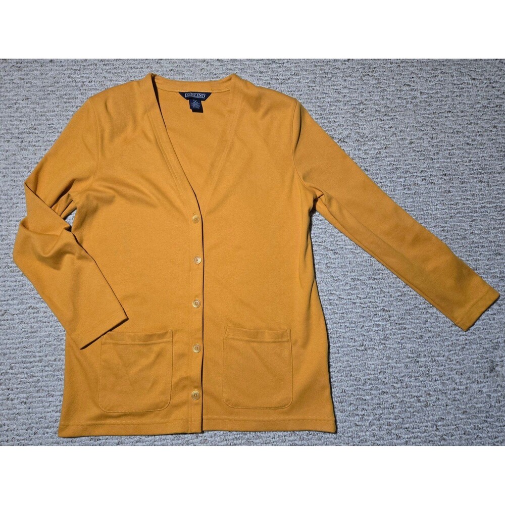 Lands' End V Neck Cardigan Button Mustard Yellow Women's Petite Medium Cotton